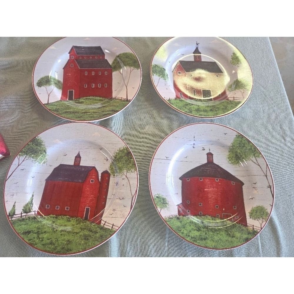 Set of 4 Sakura Warren Kimble Barns Dessert Salad Plates 8 Inch Farmhouse Red